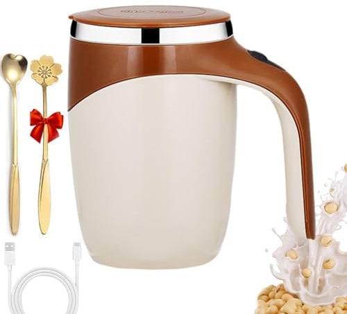 Gupcaqosjw Automatic Magnetic Stirring Coffee Cup, Stirring Mug Set, Stirring Coffee Mug, Stainless Steel Coffee Blender Cup USB Rechargeable Auto Mixing Cup Handle Lid 2 Spoons 1 Data Cable