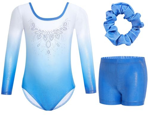Gogokids Maillots de Gymnastique Trois Pièces pour Filles, Ensemble de Gymnastique à Manches Longues avec Short et Bandeau, Justaucorps de Danse Brillant avec Design de Couleur Dégradée pour 11-12 Ans