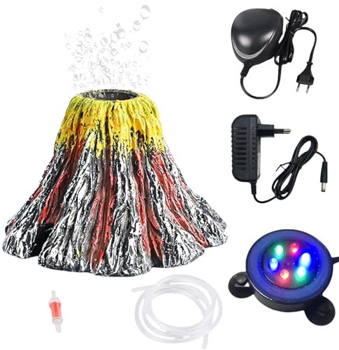 Behogan Aquarium Vulkan Ornament, Multi Farbe LED Lich Aquarium Volcano Deko, Aquarium Zubehör Deko Luftblase Stein, Lava Vulkan für Aquarium Fisch Tank Dekoration, Ornament Dekoration