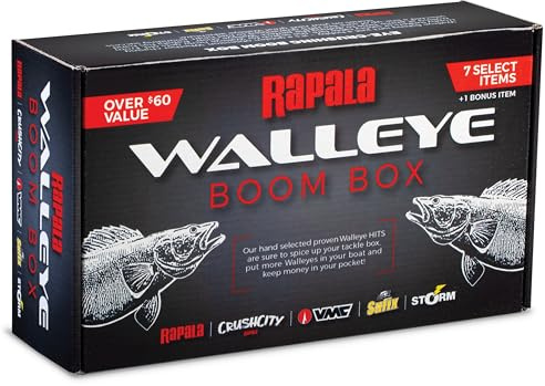Rapala Walleye Boom Box, Walleye Lure Selection Includes 7 Hand-Picked baits Plus 1 Bonus Item, Featuring Trusted Brands Like Rapala, VMC, Crush City, Sufix, and Storm