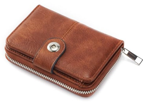 Geldbörsen Damen mittelgroß, Portemonnaie Damen mit Kartenfächer und Großes Zipper Münzfach, RFID-blockierende Geldbeutel Frauen mit Reißverschluss und Druckknopf Retro-Braun