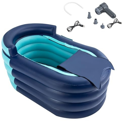 Bañera inflable, bañera hinchable plegable móvil independiente, respaldo ergonómico, PVC, baño de hielo con cubierta y bomba para adultos de hasta 180 cm y ducha, 140 x 74 x 84 cm (azul)