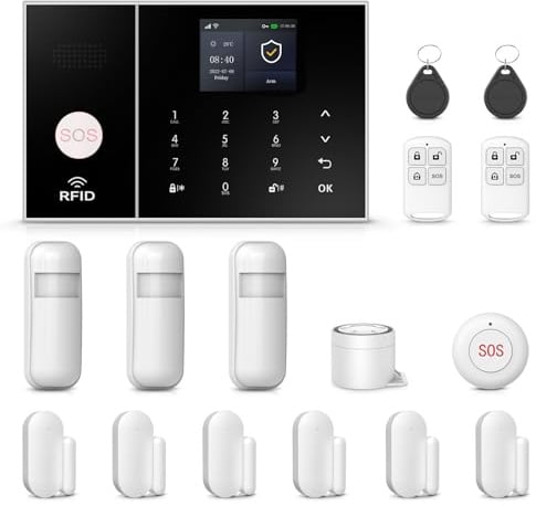 PGST Systèmes de sécurité Domestique, kit d'alarme Smart WiFi 4G Faites-Vous avec détecteur de Mouvement, capteur de fenêtre de la Porte, télécommande, Aucune taxe mensuelle