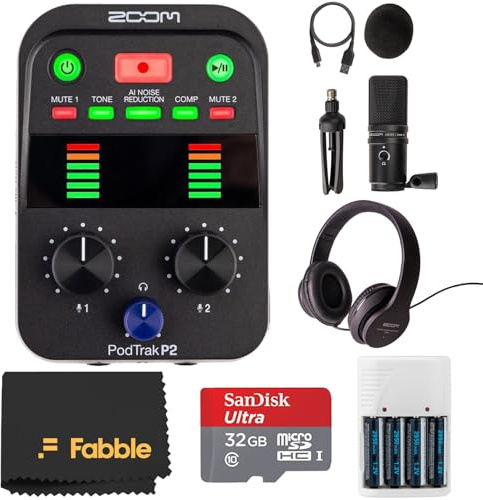 Zoom PodTrak P2 Podcast Recorder Bundle with a ZUM-2 Mic, ZHP-2 Headphones, a Tripod Stand, Mount, Windscreen, USB-C Cable, 32GB microSDHC Card, AA Battery Kit with Charger