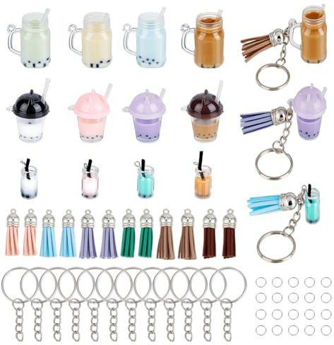 OLYCRAFT 56pcs Mini Milky Tea Keychain Making Kits Colorful Cup Charms Bubble Tea Keychains Kit Includes Keychains Key Rings Mini Cup Tassels Straws for Keychain Purse Bag Decoration DIY Crafts