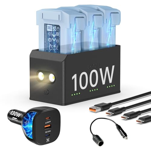 LKTOP 100W Mini 4/3 Series Battery Charging Hub with 130W Car Charger USB-C Fast Charger for DJI Mini 4 Pro/3 Pro/3 Drone, with Storage LED Lights Alarm Mode (Parallel Charge 3 Batteries:47min)