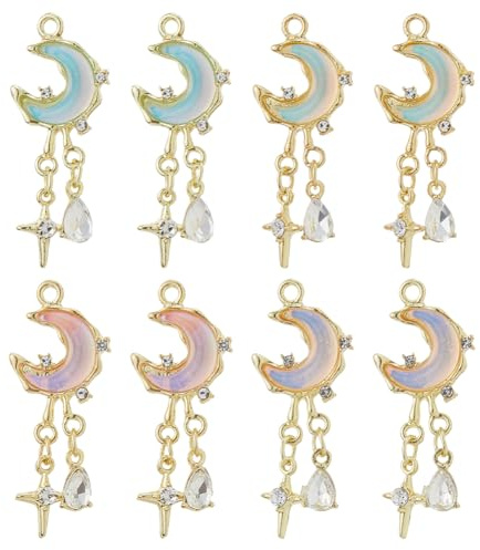 Hobbspring 8 Stück Kristallglas Anhänger 4 Farben Mond Und Sterne Legierungsanhänger Mond Tropfenanhänger Für Schmuck Halsketten Armbänder Ohrringe Basteln