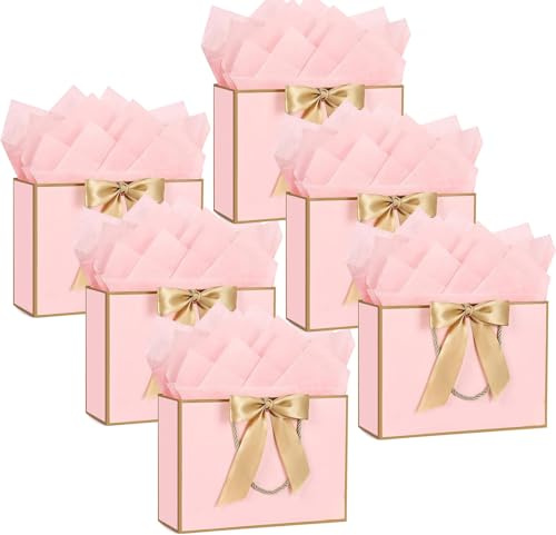 6PCS Medium Pink Gift Bags, Paper Gift Bag with 20 Wrappers - Present Bags with Handles, Birthday Gift Bags Party Bags for Girls Valentines Bridesmaid Wedding (28 * 20 * 10cm)