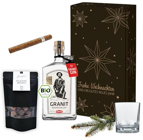 Geschenkset „Natura Weihnachtssterne“ – 2er Präsent mit Penninger Granit Gin, Zigarre, Brände-Schokolade & Ginglas – Genusswelten Kasberger Premium-Geschenk (Gin)
