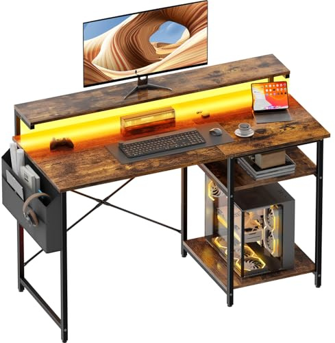 DLONGONE Gaming Desk with LED Lights and Adjustable Monitor Stand, 100x48cm | Computer Desk with Storage Shelves and Storage Bag, Ideal for Study, Bedroom and Living Room, Brown PC Table, Easy Assembly
