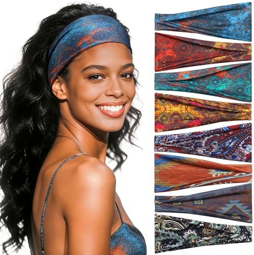 Awumbuk Bandeau Cheveux Femme Large, 8 Pièces Bandeaux pour Cheveux, Multicolore, Headband Sport Élastique Anti-Dérapant pour Yoga, Fitness, vie Quotidienne, Voyages Vert