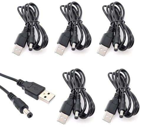 JZK 5x Schwarzes USB-A auf DC 5V Stromkabel mit 5.5 x 2.5 mm Hohlstecker, USB-Stecker auf DC-5.5 x 2.5 mm-Anschluss, Ladekabel als Ersatz für DVR, Mini-Ventilator, Kamera