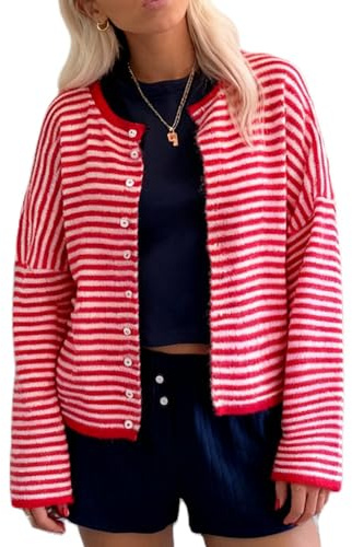 QLQLWDD Womens Striped Cardigan Knitted Button Up Sweaters Crewneck Oversized Loose Knitwear Vintage Y2k
