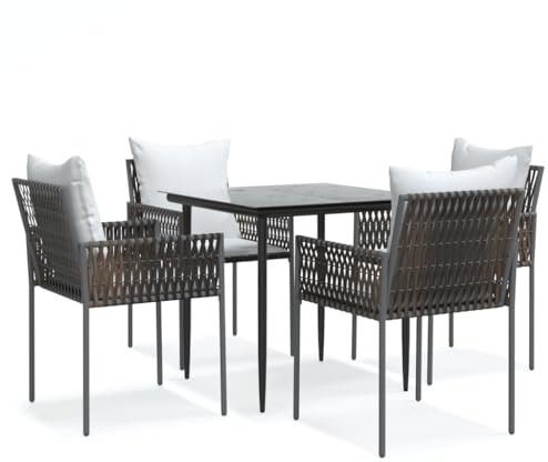 XHNIFBN 5-teiliges Garten-Essgruppe, Rattan Sitzgruppe mit Tisch und 4 Stühlen, Terrassenmöbel aus Poly-Rattan und Stahl mit Kissen, Gartentisch mit Glasplatte, Braun/Cremeweiß