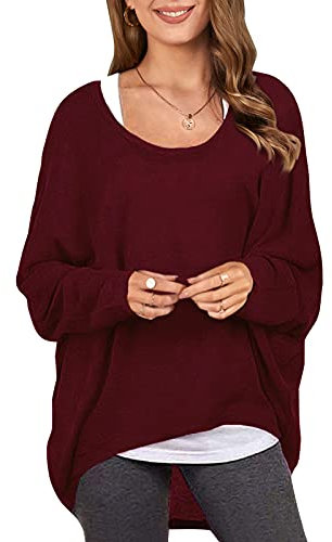 ZANZEA Sexy Women Loose Solid Irregular Long Sleeve Baggy Jumper Casual Tops Blouse T-Shirt Wine Red L