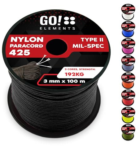 GO!elements 100m Paracord Seil aus reißfestem Nylon - 3mm Paracord 425 Typ II max. 192kg - Schnüre als Outdoor Seil, Allzweckseil, Survival Seil, Armband, Hundeleine, Nylonschnur, Farbe: Schwarz