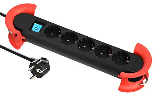 Electraline Pro-Line 62046, Wuerfel Steckdosenleiste Professionel 5-Fach mit Schalter, Kabel 5m / Mehrfachsteckdose/Tischsteckdose/Steckerleiste/Steckerleiste, 2 Haken zur Befestigung
