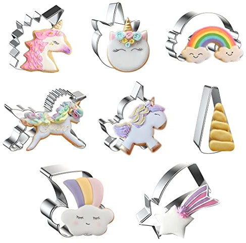 Fox Run Unicorn and Rainbow Cookie Cutters, Set of 8, Unicorn Cutters Stainless Steel Fondant Cutters Unicorn Head (Cartoon Cookie Cutters Set)