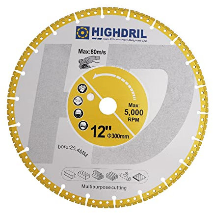 HIGHDRIL Diamond Metal Cutting Blade - 300mm/ 12inch Heavy Duty All-Purpose Cutting Disc for Rebar Sheet Metal Angle Iron Stainless Steel Granite Marble