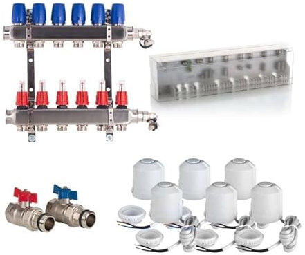 Heizkreisverteiler BASIC für Fußbodenheizung 6 Heizkreise Komplettset Verteiler, Kugelhahn, Stellantrieb, Anschlussleiste