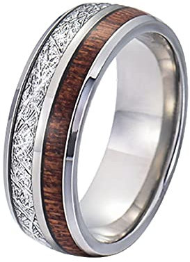 Mesnt Wolframcarbid Ring Herren Ring Intarsien mit Koaholz und Meteoritenimitat Ring Herren Gravur 8MM Silber Hochzeit Ringe Größe 52 (16.6)