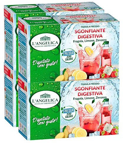 4x L'Angelica Tisana a Freddo Sgonfiante Digestiva con Fragola Limone e Zenzero Senza Calorie - 72 Filtri