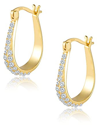 Creolen Ohrringe Sterling Silber 925, Ohrringe Creolen Ovale Gold für Damen, 14K Vergoldete Creolen Kleine Groß mit Zirkonia, Hypoallergen Creolen Breit Dick Klobig Chunky Ohrringe für Damen Frauen