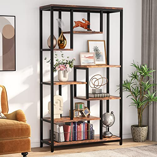Tribesigns Bücherregal, 180 cm hohes Industrie Regal mit 8 Ablagen, Große offene Ausstellungsregale, Holzoptik Akzentregal mit Metallrahmen für Home Office, Wohnzimmer, Vintagebraun