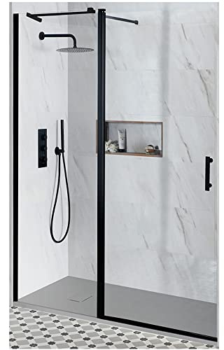 MILANO Black Walk in Hinged Door Shower Enclosure Grey Tray 1100 x 700mm