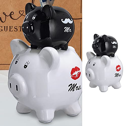 Sparschwein Mr.&Mrs. | Steinzeug 14x20x12cm schwarz weiß | Sparbüchse Spardose Doppelschwein