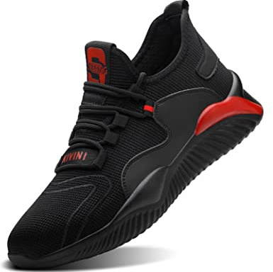 IYVW 797 Steel Toe Cap Trainers for Men Women Safety Shoes Anti-Smashing Puncture Proof Industrial Work Shoes Lightweight Breathable Unisex Black Red 6.5 UK