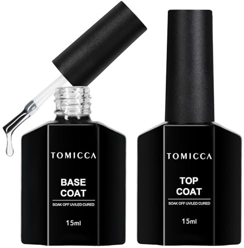 TOMICCA Gel Nail Polish Top Coat & Base Coat Set, 2x15ML No Wipe Top Coat and Base Coat, Shine Finish and Long Lasting Soak Off UV LED Gel Nail Varnish, Nail Art Design Manicure