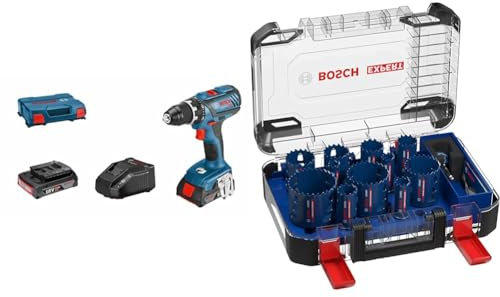Bosch Professional perceuse-visseuse sans-fil GSR 18V-28 (avec 2 batteries, chargeur, L-Case) + Coffrets 14 de scies trépans Expert Tough Material (Bois avec métal, Ø 20-76 mm, Accessoire)