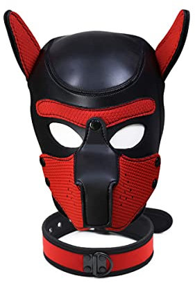 YiQin RWSX Hundemaske mit Kragen, Weiche Latex Petplay Hundemaske mit Ohren Welpenmaske Hunde Masken, Abnehmbarer Mund, Geeignet für Halloween, Urlaubsparty (XL, Rot)