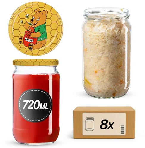KADAX 8er Set Einmachgläser 720ml TO82 Winnie Puuh, Große Sturzgläser mit Schraubdeckel, Einkochgläser Fermentierglas für Gurken, Gemüse, Sauerteig