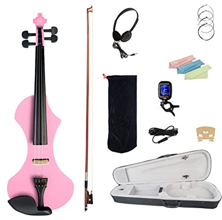 Violon Électrique Rose 4/4 Ensemble W/Brésilwood Bow + Cas + Sac + Bridge + Tuner + Strings pour Étudiant Débutant Kit Violons