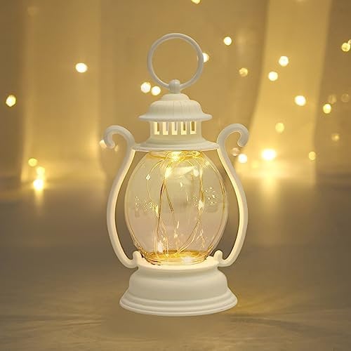 Reheyre LED Vintage Lantern Flickering Flame, Battery Operated Retro LED Lantern with Hook, Indoor/Outdoor Hanging Decorations Lanterns for Patio Garden Yard Christmas Halloween Party Festival White