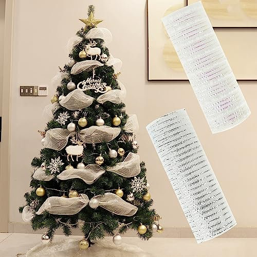 2 Rollen Weihnachts-Poly-Netzband, 26 CM Weihnachts Metallfolie Netzrollen Metallfolie Deko Netzband für Weihnachtsbaum Kränze Band Girlande Dekoration (Weiss)