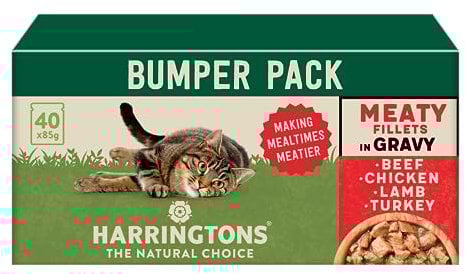 Harringtons Complete Wet Pouch Grain Free Hypoallergenic Adult Cat Food Meaty in Gravy Pack 40x85g - Beef, Chicken, Lamb & Turkey - Making Mealtimes Meatier