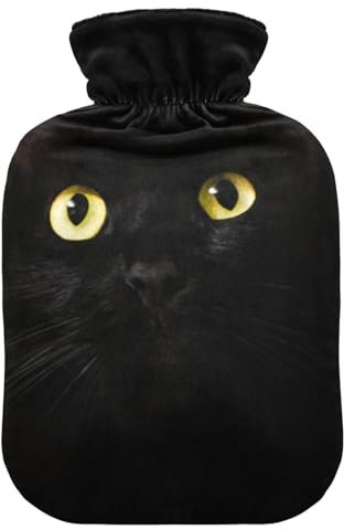 Black Cat Hot Water Bottle and Cover Soft Warm for Winter Bed Hand Neck and Shoulders,2 L