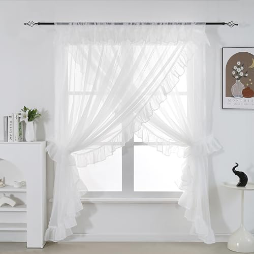 Seibeh Tex Fenstervorhang im Shabby-Chic-Stil, doppellagig, durchsichtig, gerüscht, Priscilla, mit Raffhaltern, 254 x 213,4 cm, Weiß