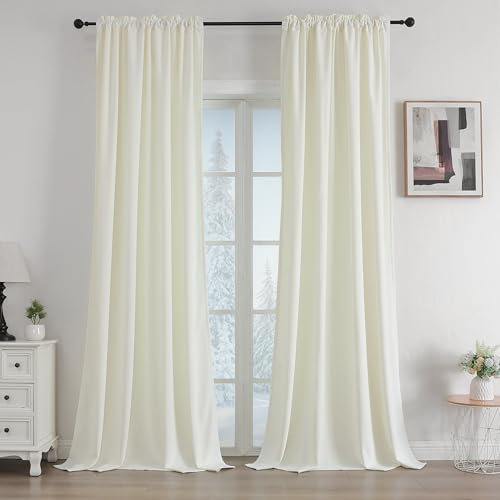 Joydeco Wohnzimmer Samt Gardinen 2er Set H 220 x B 140 Elfenbeinweiß Elegant Samtvorhang Verdunklungsvorhänge Thermovorhang Kälteschutz Blickdicht Schlafzimmer