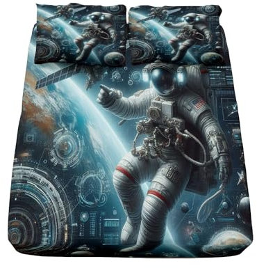 Spannbettlaken Raumschiff Astronaut Galaxie Weltraum Kinder Matratzenschoner, Blau Bettlaken für Boxspringbett - Mikrofaser Spannbetttuch 90x200+30cm Geeignet für bis 25-30 cm Matraze