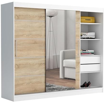 Brent - Kleiderschrank mit Spiegel und Schubladen 235cm Breit Chelsea Tomy, Schwebetürenschrank mit Spiegel, Schlafzimmerschrank, Kleiderschrank Weiß/Sonoma Eiche