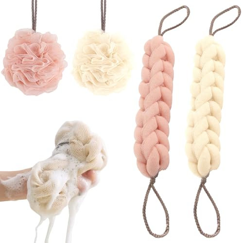 HANIUTTY Lot De 4 Éponges De Bain Luffa (Rose, Beige) - Éponge De Douche Et De Massage Pour Le Dos - Accessoire De Nettoyage De La Peau Pour Hommes Et Femmes