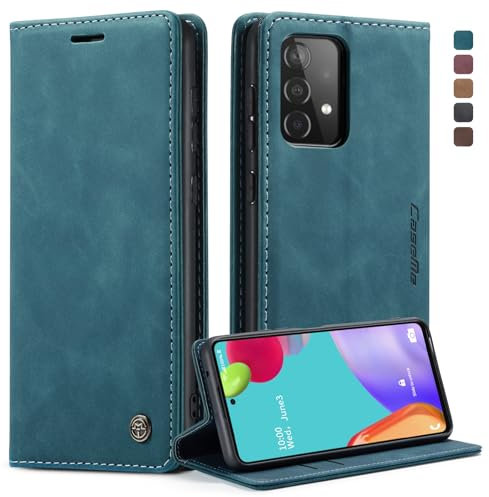 owlhold Handyhülle für Samsung Galaxy A52 5G/4G A52S 5G Hülle, Premium Lederhülle Weiches Vintage-Nubukleder Faltbare Ständer Klapphülle Kartenfach Standfunktion stoßfest Schutzhülle -Blaugrün