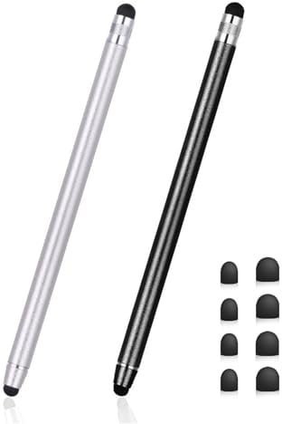 Lamkrtlp Penne per Tablet, 2 Pezzi Penna Stilo per Touch Screen 2 in 1, per Tutti Gli Smartphone/Tablet Samsung i-Phone i-Pad con 8 Punte di Ricambio (Nero+Argento)