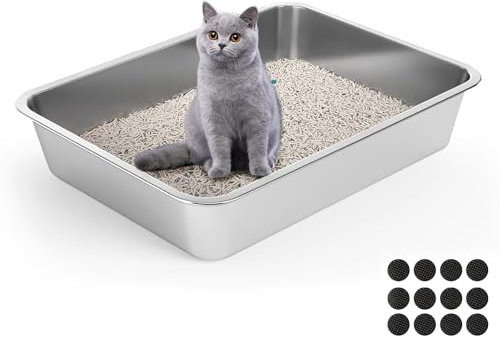 Lohofrnny Edelstahl Katzentoilette, 50×35×10cm Katzenklo Geruchsfrei, Katzentoilette Offen für Kaninchen, Meerschweinchen und Hamste, Leicht zu Reinigen, Anti-Rutsch Gummiboden