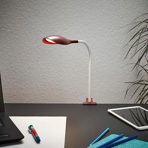 LED Klemmleuchte T161-1 in Rubinrot mit Flexiblem Kopf & Weißem Flexarm, Energiesparend & Vielseitig, 350 Lumen, Warmweiß