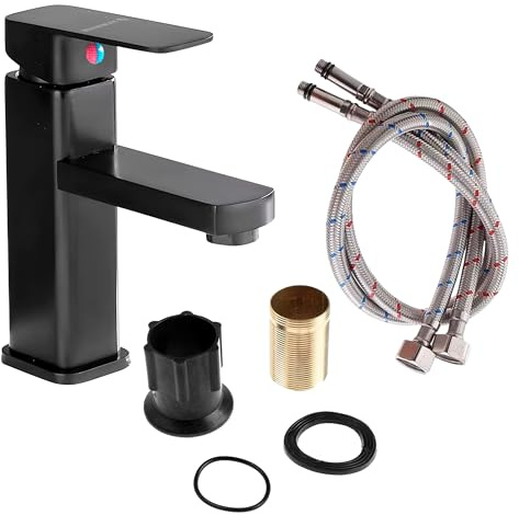 Robinet de lavabo noir monocommande - Robinets pour lavabo silencieux anti-goutte - Robinets pour lavabos de salle de bain en acier inoxydable - Comprend un tuyau d'installation résistant aux hautes